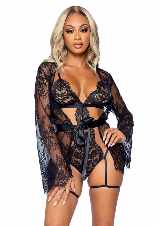 Body con vestaglia Teddy, lace robe & ribbon tie