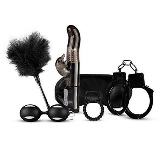 Kit sex toys con vibratore rabbit vaginale palline vaginali manette anello fallico nero love kit black