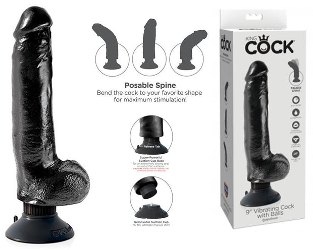 Vibratore Realistico King Cock 9 vibrating con ventosa whit Balls bLack